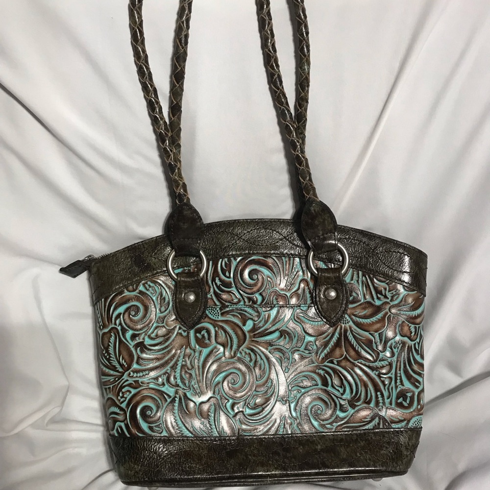EUC  Patricia Nash Dark Brown Turquoise Embossed Women's bag